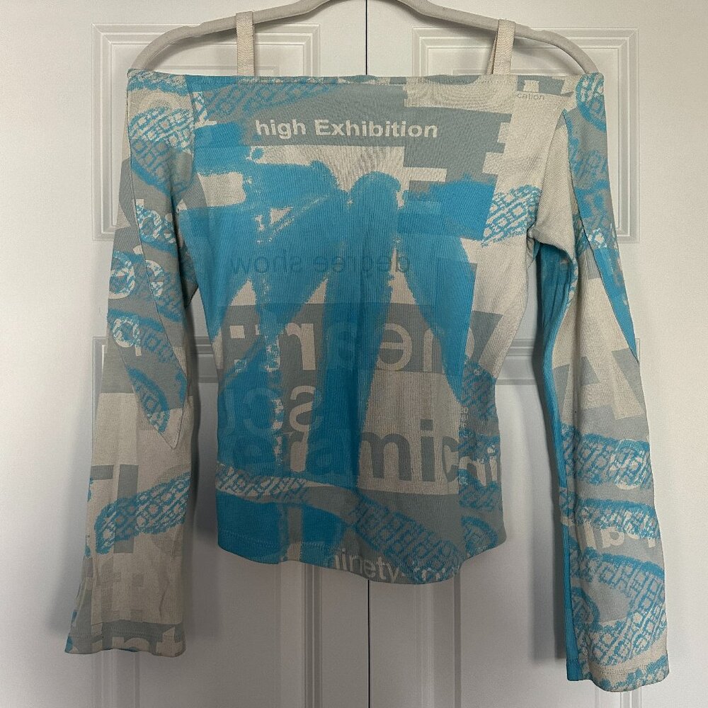 RARE Custo Barcelona Blue and Gray Graphic Off-Shoulder Long Sleeve Top - Picture 2 of 5